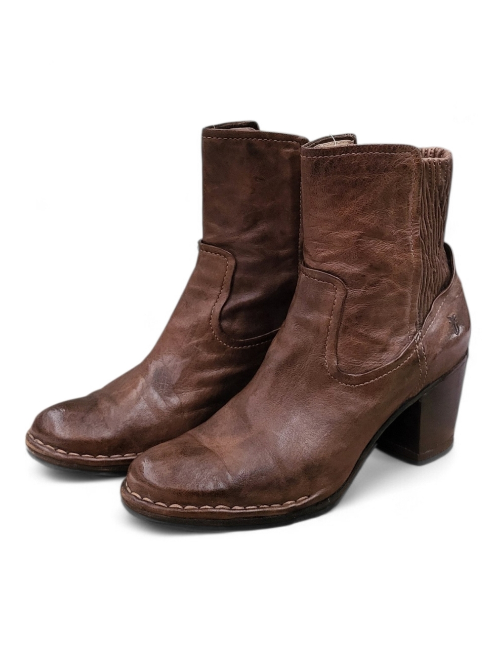 FRYE Lucinda Antique Brown Leather Scrunched Ankle Pull-on Heeled Booties